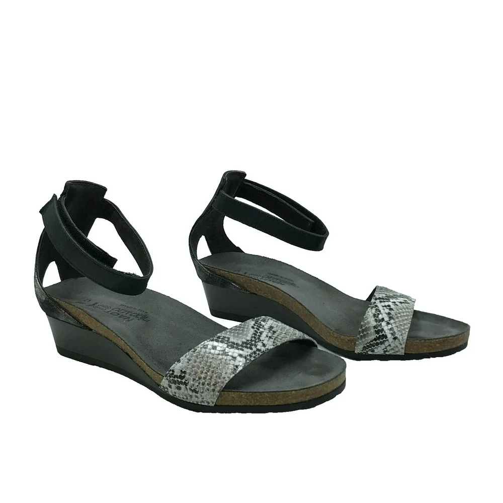 Naot Pixie Wedge Sandal Women's 38 (7) Black Cobra Snake Print Cork Footbed